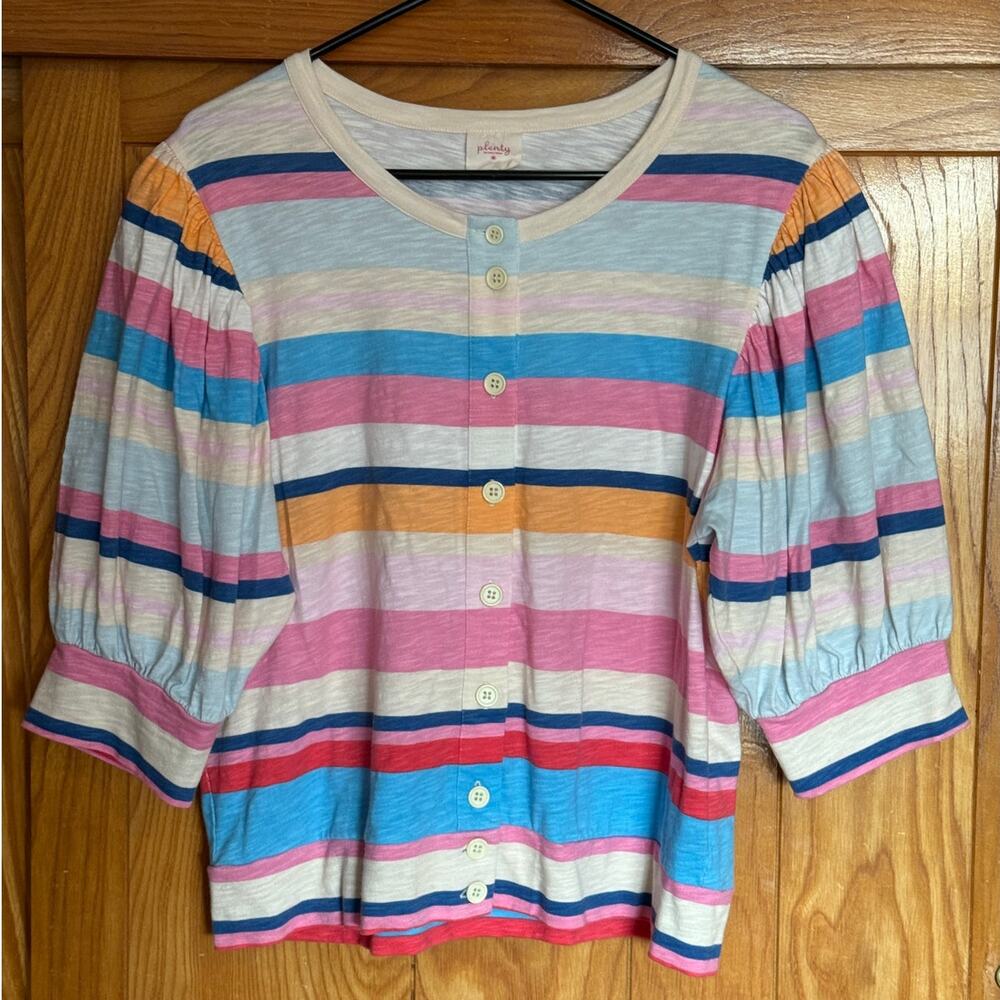 Plenty by Tracy Reese Rainbow Striped Puff-Sleeve Top, Large
